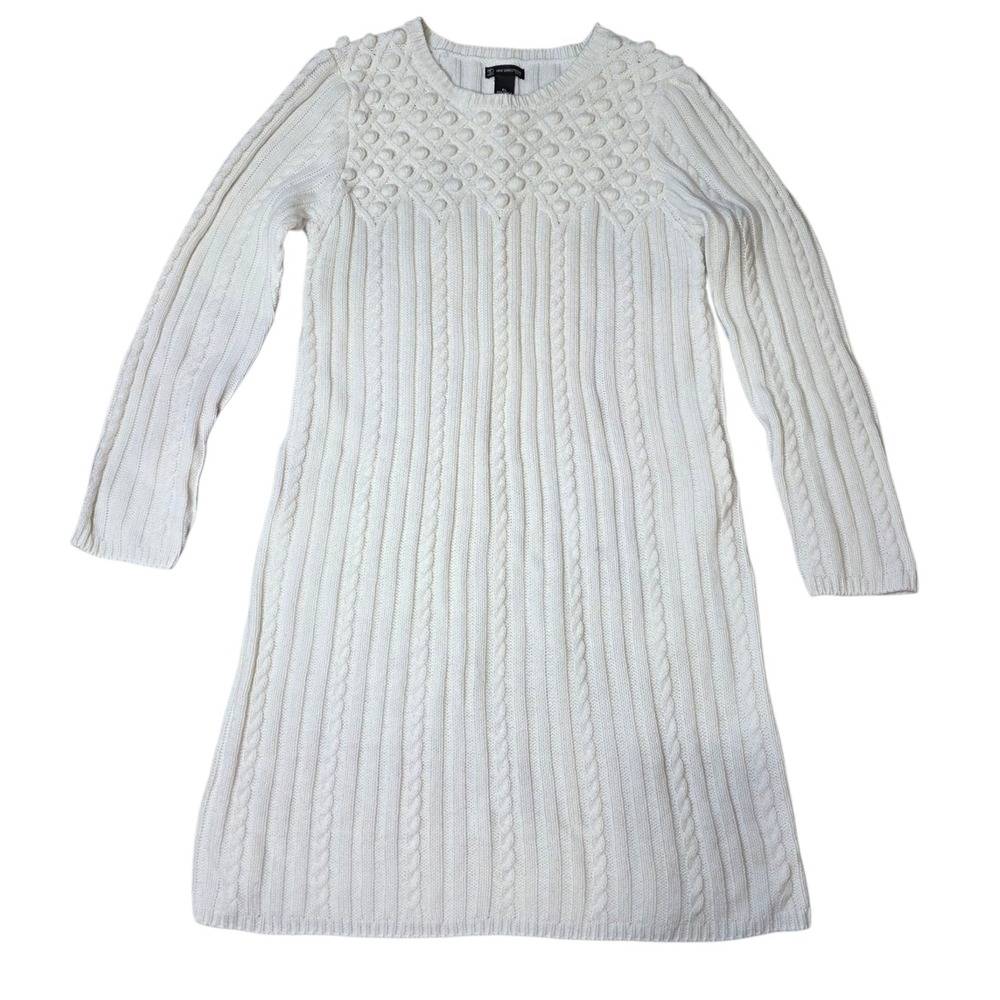 New Directions Petite Cream‎ Cable Knit Sweater Dress Long Sleeve PL